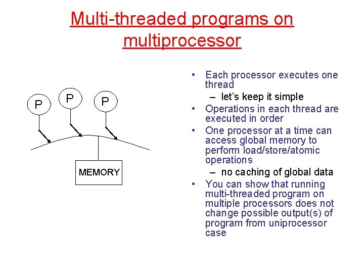 Multi-threaded programs on multiprocessor P P P MEMORY • Each processor executes one thread
