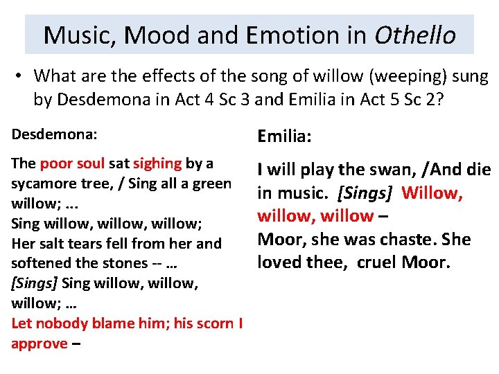 Music, Mood and Emotion in Othello • What are the effects of the song