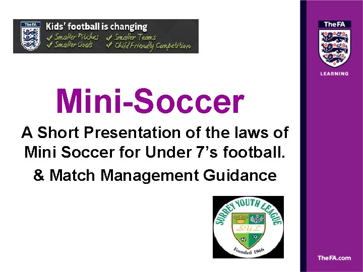 Mini-Soccer A Short Presentation of the laws of Mini Soccer for Under 7’s football.