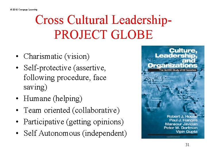 © 2010 Cengage Learning Cross Cultural Leadership. PROJECT GLOBE • Charismatic (vision) • Self-protective