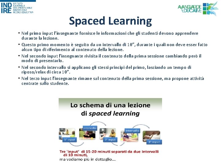 Spaced Learning • Nel primo input l’insegnante fornisce le informazioni che gli studenti devono