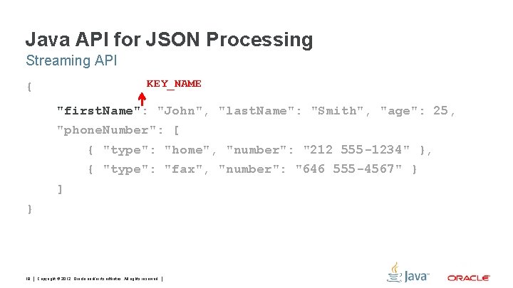 Java API for JSON Processing Streaming API KEY_NAME { "first. Name": "John", "last. Name":