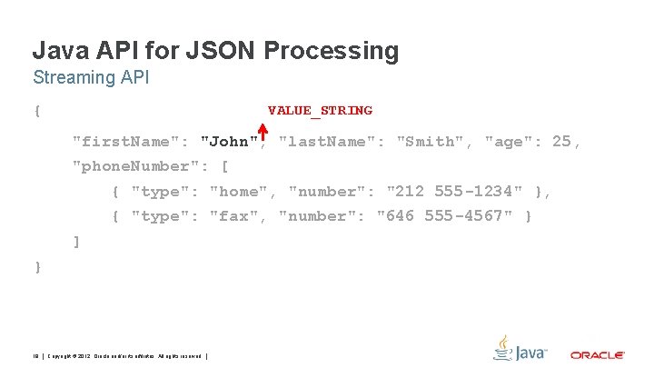 Java API for JSON Processing Streaming API { VALUE_STRING "first. Name": "John", "last. Name":