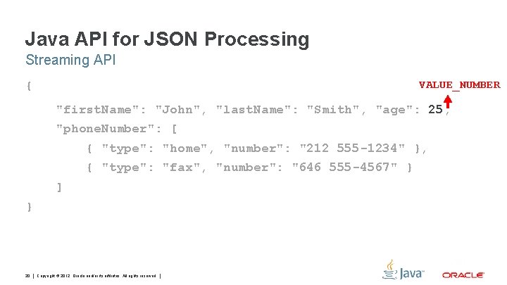 Java API for JSON Processing Streaming API VALUE_NUMBER { "first. Name": "John", "last. Name":