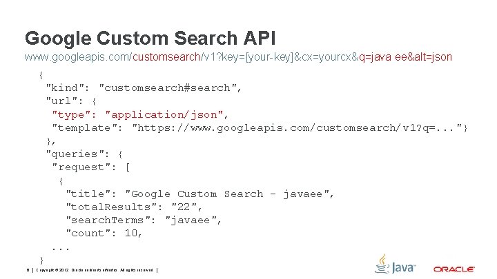 Google Custom Search API www. googleapis. com/customsearch/v 1? key=[your-key]&cx=yourcx&q=java ee&alt=json { "kind": "customsearch#search", "url":