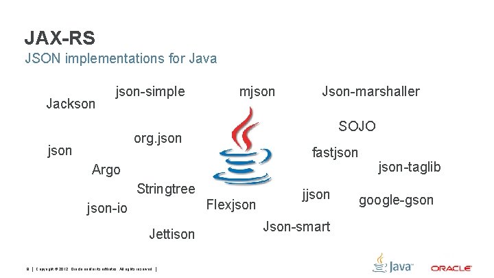 JAX-RS JSON implementations for Java Jackson json-simple mjson SOJO org. json Json-marshaller fastjson Argo JAX-RS JSON implementations for Java Jackson json-simple mjson SOJO org. json Json-marshaller fastjson Argo