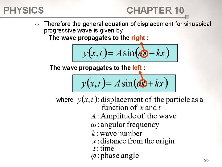 PHYSICS ¡ CHAPTER 10 Therefore the general equation of displacement for sinusoidal progressive wave PHYSICS ¡ CHAPTER 10 Therefore the general equation of displacement for sinusoidal progressive wave