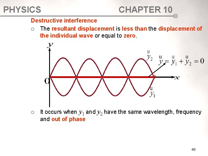 PHYSICS CHAPTER 10 Destructive interference ¡ The resultant displacement is less than the displacement PHYSICS CHAPTER 10 Destructive interference ¡ The resultant displacement is less than the displacement