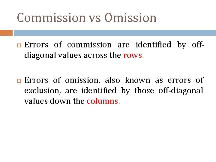 Commission vs Omission Errors of commission are identified by offdiagonal values across the rows.