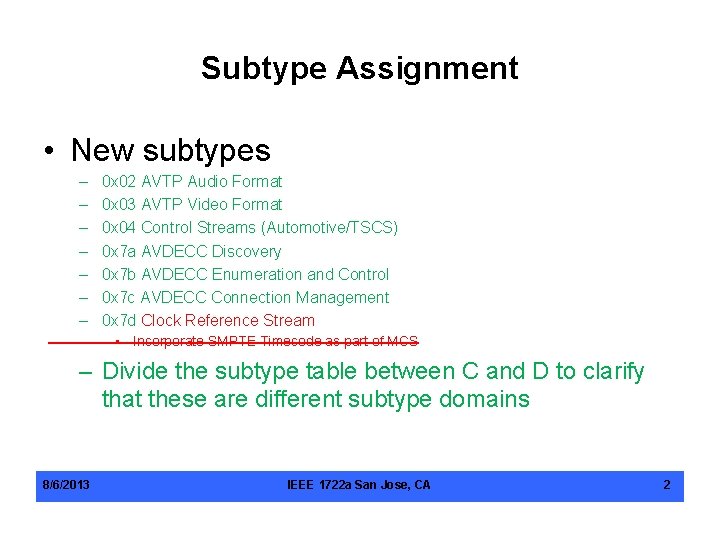 Subtype Assignment • New subtypes – – – – 0 x 02 AVTP Audio