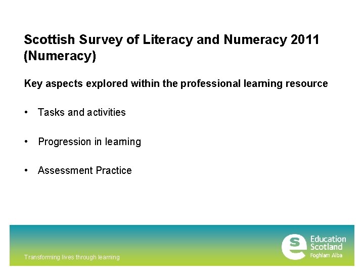 Scottish Survey of Literacy and Numeracy 2011 (Numeracy) Key aspects explored within the professional