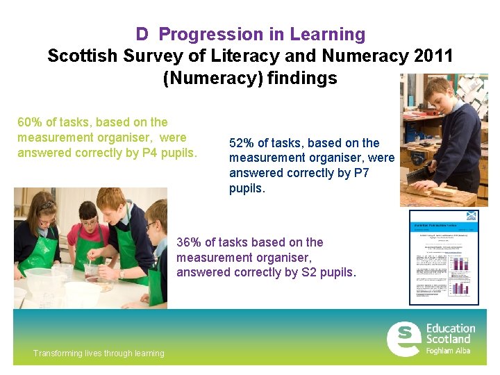 D Progression in Learning Scottish Survey of Literacy and Numeracy 2011 (Numeracy) findings 60%