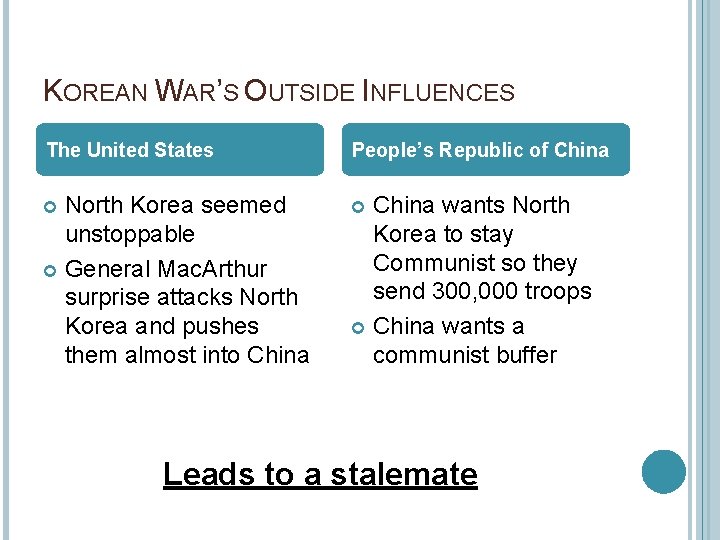 KOREAN WAR’S OUTSIDE INFLUENCES The United States People’s Republic of China North Korea seemed