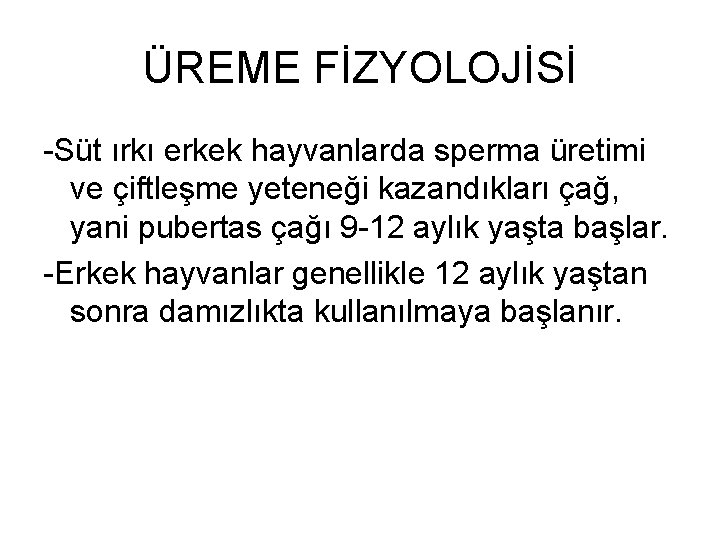 ÜREME FİZYOLOJİSİ -Süt ırkı erkek hayvanlarda sperma üretimi ve çiftleşme yeteneği kazandıkları çağ, yani