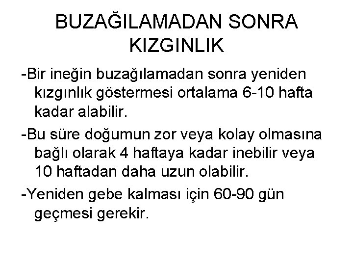 BUZAĞILAMADAN SONRA KIZGINLIK -Bir ineğin buzağılamadan sonra yeniden kızgınlık göstermesi ortalama 6 -10 hafta