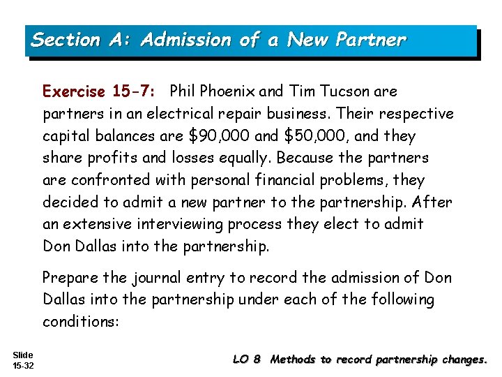 Section A: Admission of a New Partner Exercise 15 -7: Phil Phoenix and Tim