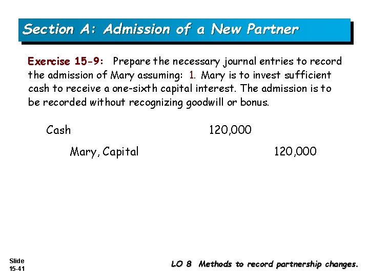 Section A: Admission of a New Partner Exercise 15 -9: Prepare the necessary journal