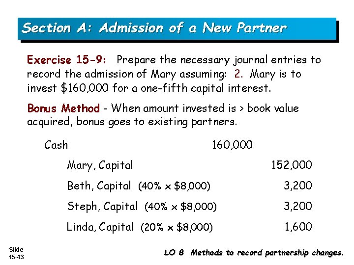 Section A: Admission of a New Partner Exercise 15 -9: Prepare the necessary journal