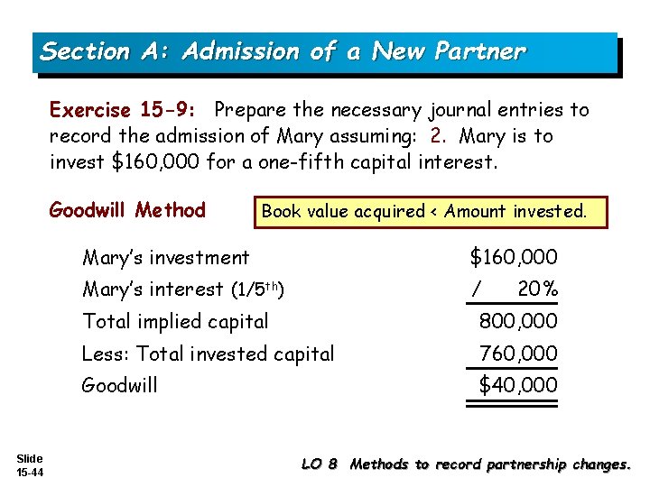 Section A: Admission of a New Partner Exercise 15 -9: Prepare the necessary journal