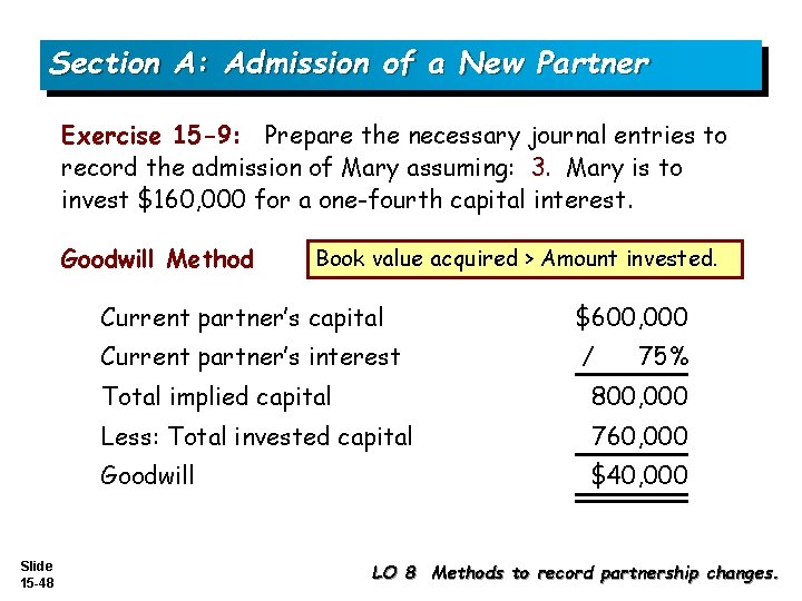Section A: Admission of a New Partner Exercise 15 -9: Prepare the necessary journal