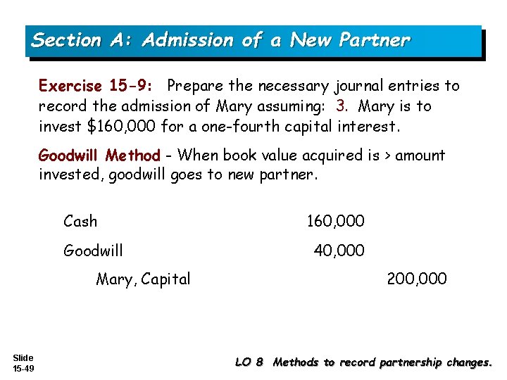 Section A: Admission of a New Partner Exercise 15 -9: Prepare the necessary journal