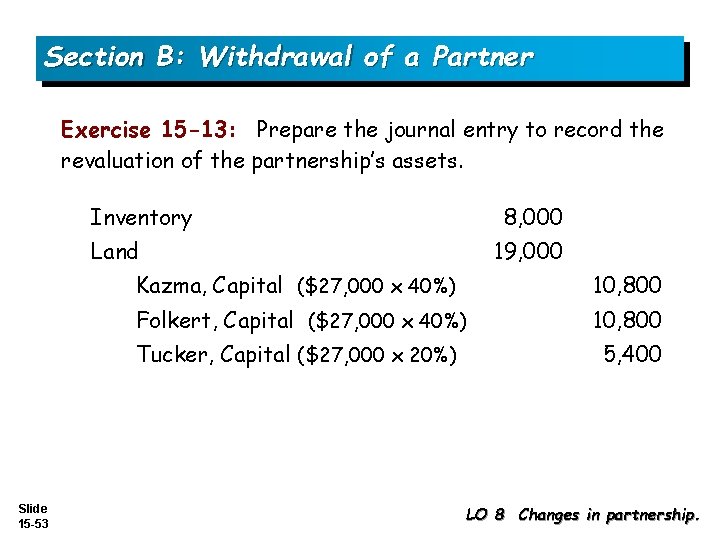 Section B: Withdrawal of a Partner Exercise 15 -13: Prepare the journal entry to