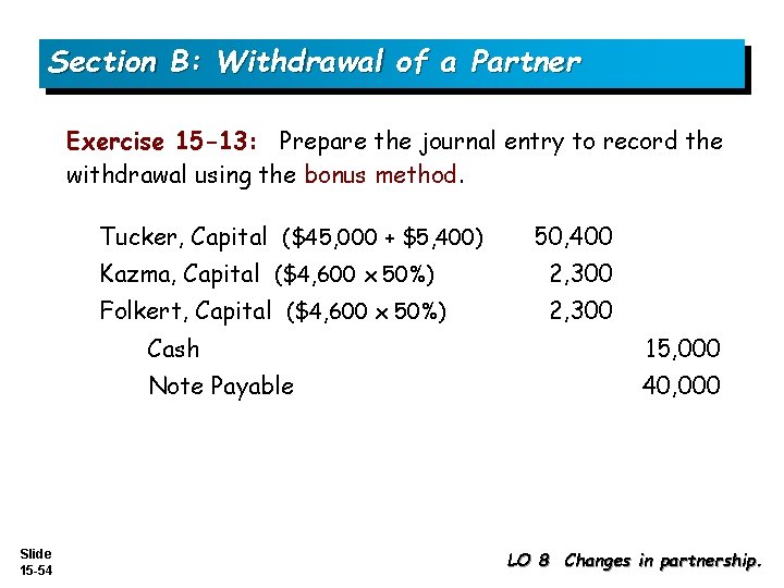 Section B: Withdrawal of a Partner Exercise 15 -13: Prepare the journal entry to