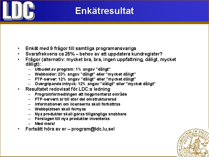 Enkätresultat • • • Enkät med 9 frågor till samtliga programansvariga Svarsfrekvens ca 25%