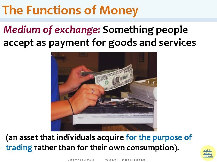 The Functions of Money Medium of exchange: Something people accept as payment for goods The Functions of Money Medium of exchange: Something people accept as payment for goods