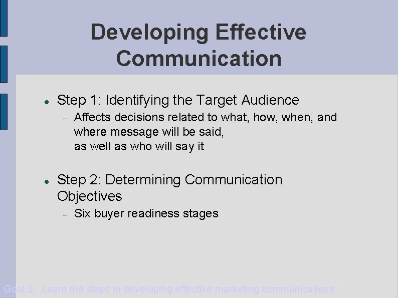 Developing Effective Communication Step 1: Identifying the Target Audience Affects decisions related to what,