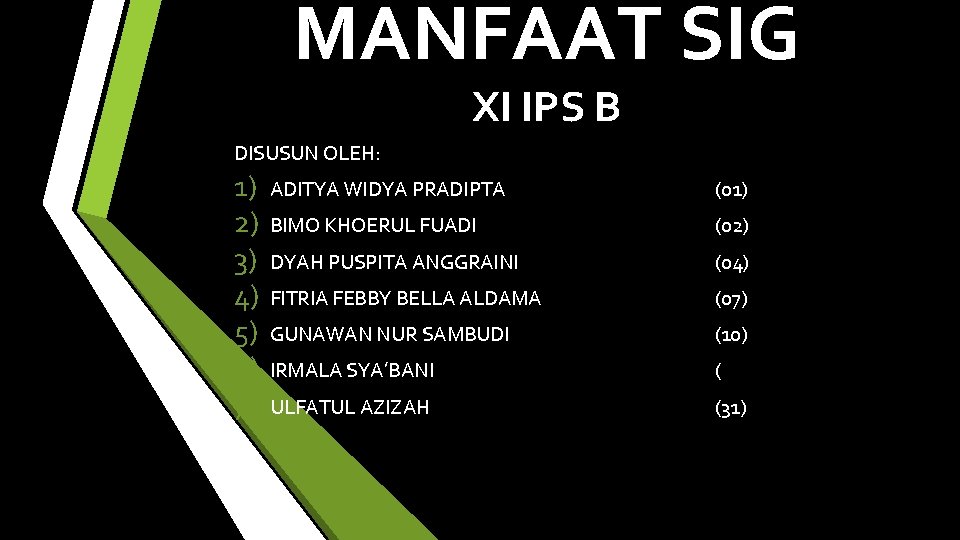 MANFAAT SIG XI IPS B DISUSUN OLEH: 1) 2) 3) 4) 5) 6) 7)