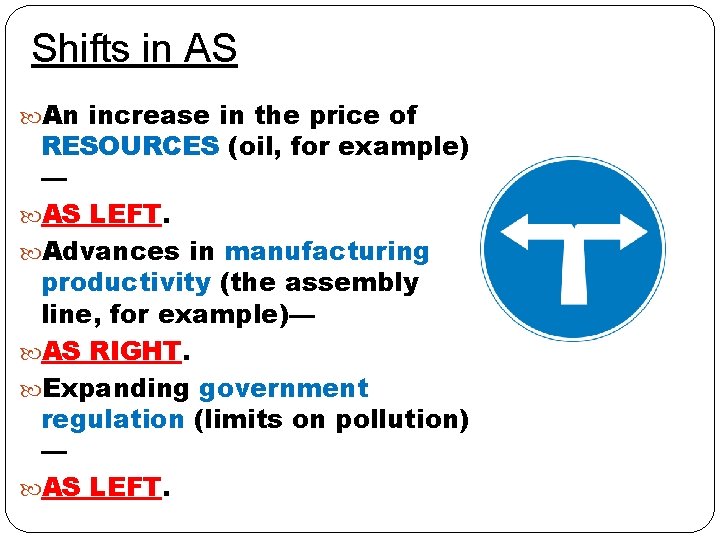 Shifts in AS An increase in the price of RESOURCES (oil, for example) —