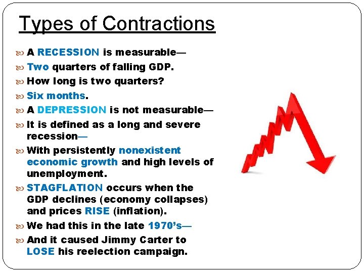 Types of Contractions A RECESSION is measurable— Two quarters of falling GDP. How long