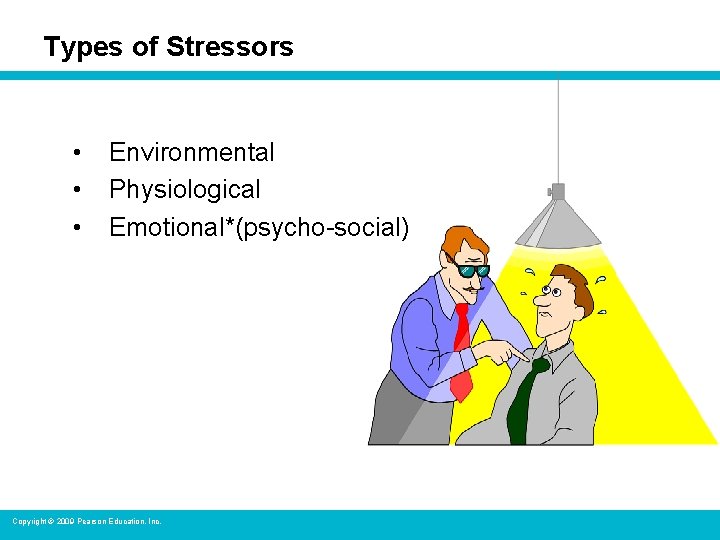 Types of Stressors • • • Environmental Physiological Emotional*(psycho-social) Copyright © 2009 Pearson Education,