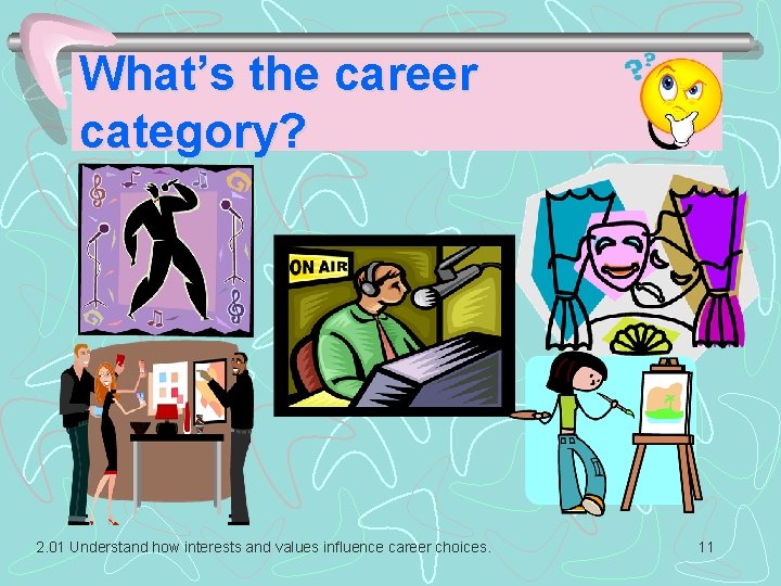 What’s the career category? 2. 01 Understand how interests and values influence career choices. What’s the career category? 2. 01 Understand how interests and values influence career choices.
