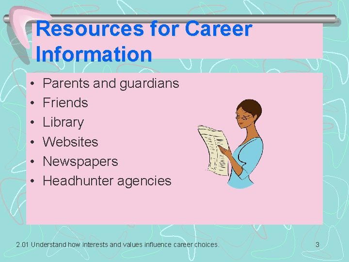 Resources for Career Information • • • Parents and guardians Friends Library Websites Newspapers Resources for Career Information • • • Parents and guardians Friends Library Websites Newspapers