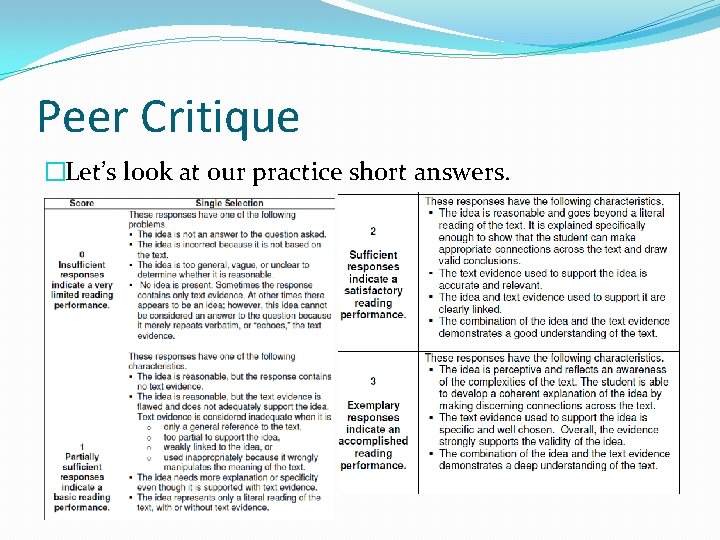 Peer Critique �Let’s look at our practice short answers. 