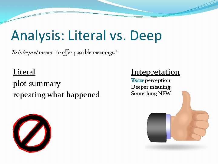 Analysis: Literal vs. Deep To interpret means "to offer possible meanings. ” Literal plot