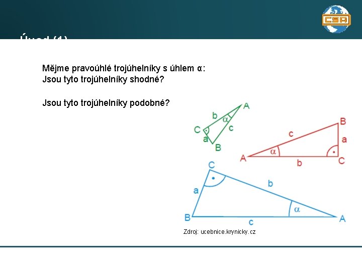 Úvod (1) Mějme pravoúhlé trojúhelníky s úhlem α: Jsou tyto trojúhelníky shodné? Jsou tyto