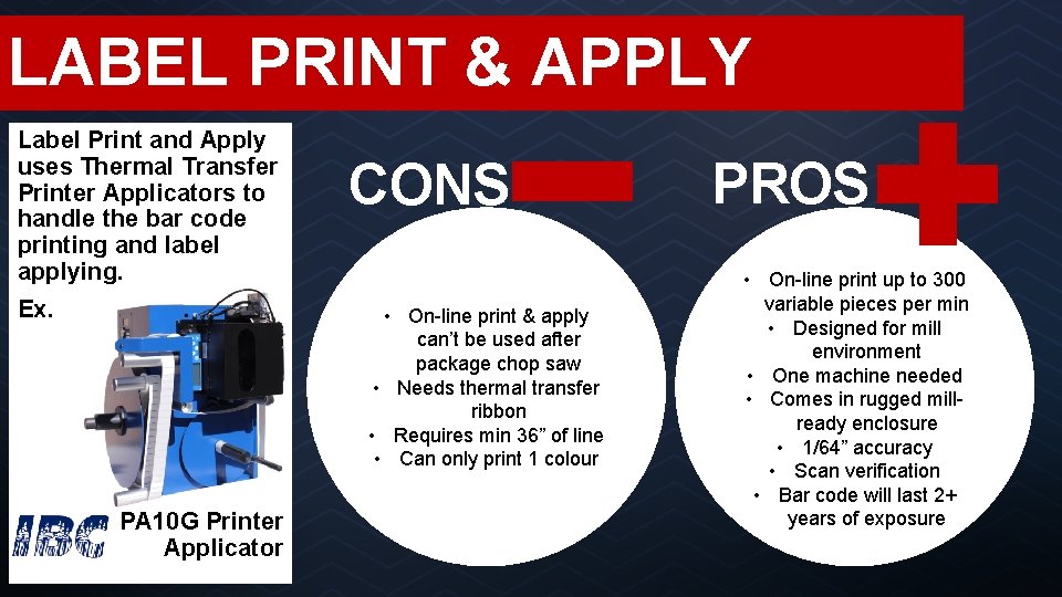 LABEL PRINT & APPLY Label Print and Apply uses Thermal Transfer Printer Applicators to
