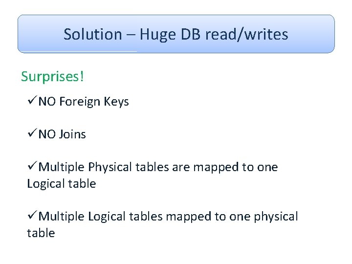 Solution – Huge DB read/writes Surprises! üNO Foreign Keys üNO Joins üMultiple Physical tables