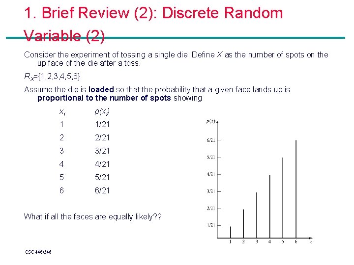 1. Brief Review (2): Discrete Random Variable (2) Consider the experiment of tossing a 1. Brief Review (2): Discrete Random Variable (2) Consider the experiment of tossing a