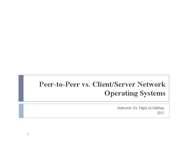 Peer-to-Peer vs. Client/Server Network Operating Systems Instructor: Dr. Najla Al-Nabhan 2015 1 