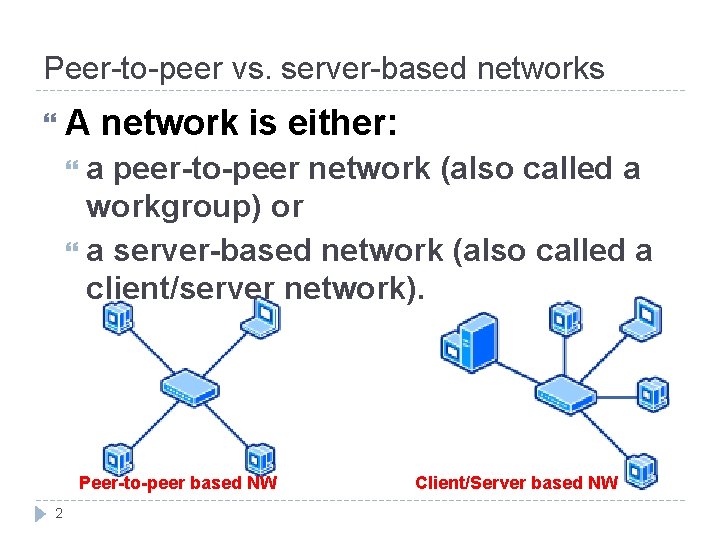 Peer-to-peer vs. server-based networks A network is either: a peer-to-peer network (also called a
