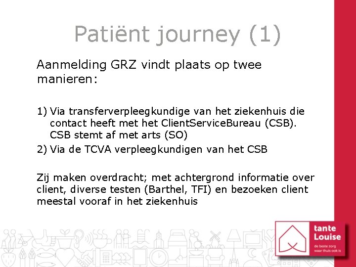 Patiënt journey (1) Aanmelding GRZ vindt plaats op twee manieren: 1) Via transferverpleegkundige van