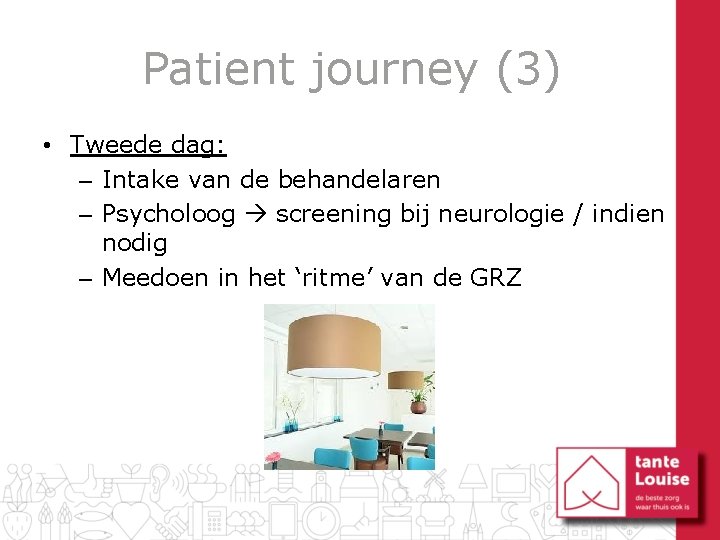 Patient journey (3) • Tweede dag: – Intake van de behandelaren – Psycholoog screening
