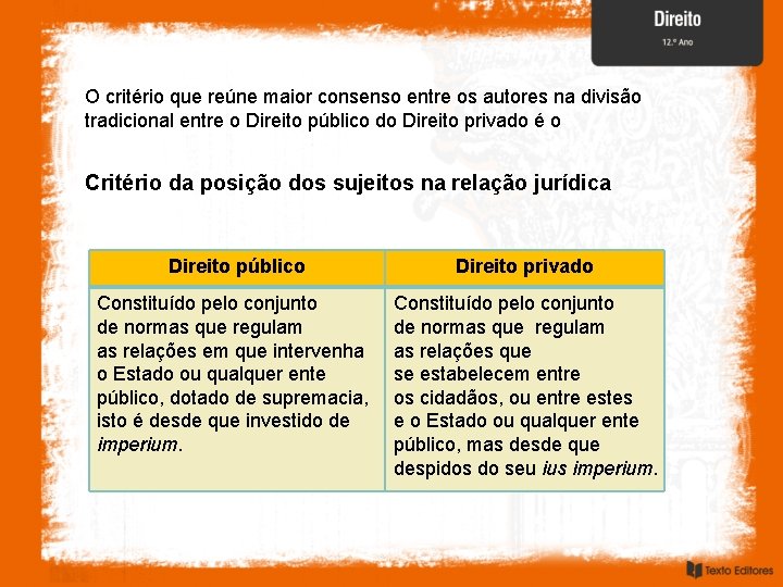 O critério que reúne maior consenso entre os autores na divisão tradicional entre o