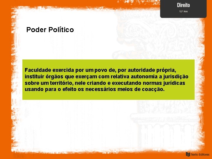 Poder Político Faculdade exercida por um povo de, por autoridade própria, instituir órgãos que