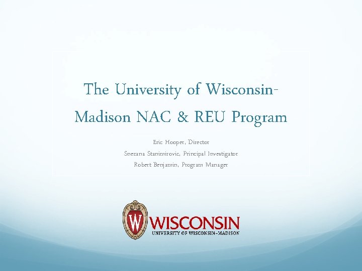 The University of Wisconsin. Madison NAC & REU Program Eric Hooper, Director Snezana Stanimirovic, The University of Wisconsin. Madison NAC & REU Program Eric Hooper, Director Snezana Stanimirovic,
