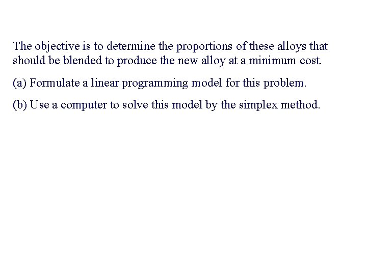 The objective is to determine the proportions of these alloys that should be blended
